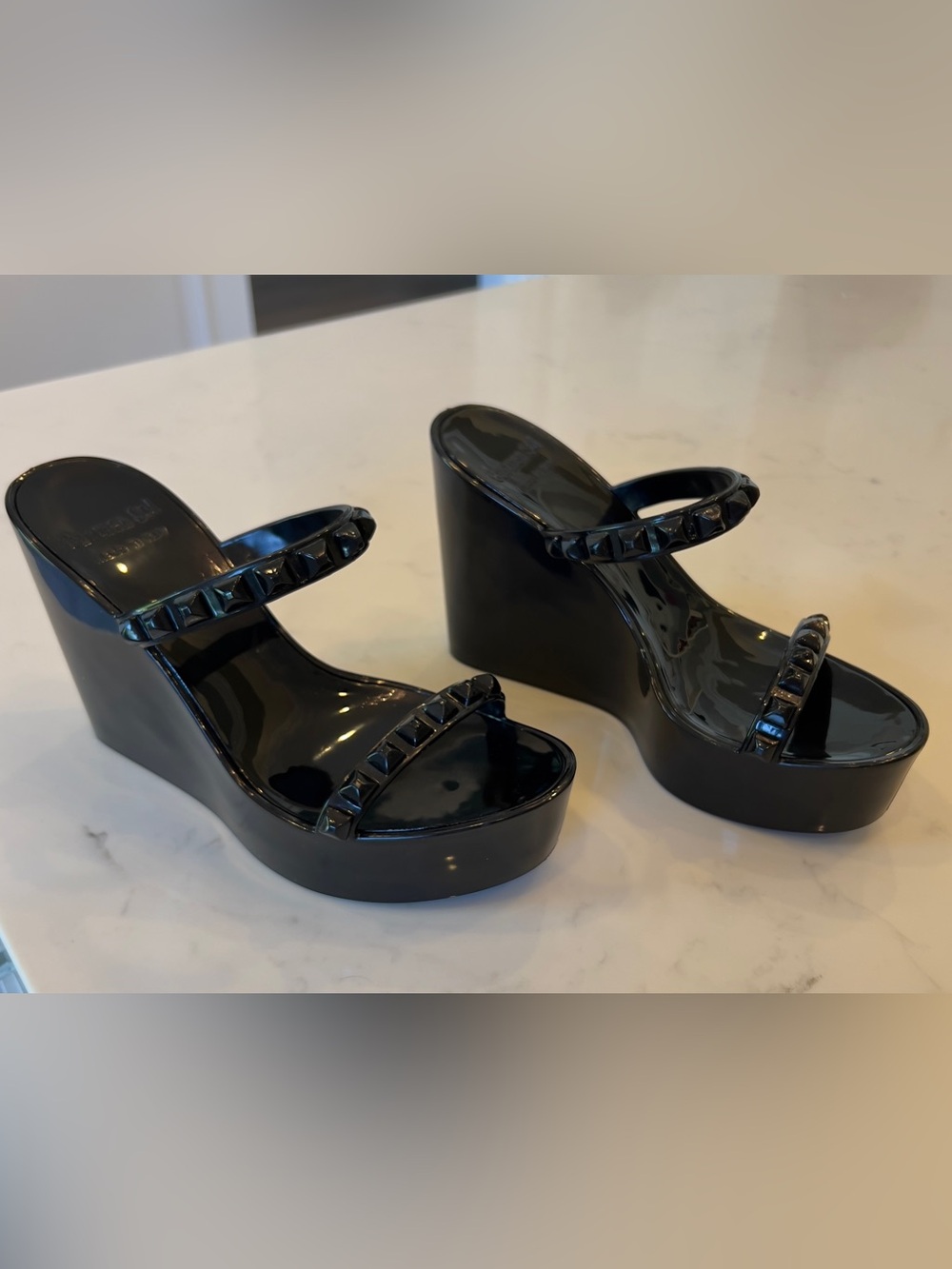 Carmen Sol Black Studded Patent Wedge Sandals - Women's